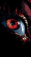 Dramatic close-up of a red human eye with intense detail against dark background, featuring striking contrast and artistic interpretation in red and blue tones.