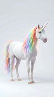 White unicorn with rainbow mane and tail, silver horn, isolated on light background. Suitable for children's designs, fantasy illustrations, and creative projects.