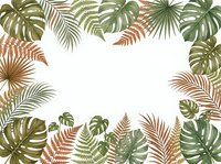 Tropical leaves frame with monstera, palm fronds and ferns in green and brown tones on white background for botanical design projects.