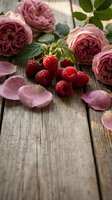 Fresh raspberries arranged with mauve garden roses and scattered petals on weathered wooden surface for food, floral and lifestyle content.