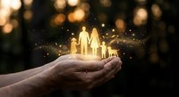 Protective hands holding glowing family silhouettes with magical light particles against warm bokeh background symbolizing care, love and security.