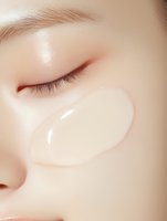 Close-up of Asian woman's face with smooth porcelain skin showing foundation or moisturizer swatch on cheek, closed eye with natural lashes and brow.
