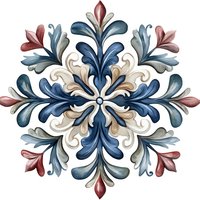 Ornate floral mandala in navy blue and dusty rose with baroque swirls and symmetrical leaf patterns on white background, suitable for decorative art and textile design.