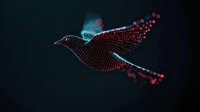 Digital particle bird silhouette with glowing red and blue dots forming flying avian shape against dark background, modern technology concept visualization.