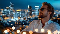 Young bearded Caucasian man in sunglasses and white shirt looking at city lights panorama during evening. Blurred bokeh cityscape background creates dreamy atmosphere.