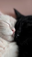 Close-up of black and white cats sleeping together, their faces touching in tender moment against soft pink background, showing contrast in fur colors and textures.