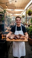 Young male chef presenting grilled meat platter on wooden board in outdoor restaurant patio with string lights and plants creating cozy dining atmosphere.