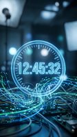 Futuristic digital clock hologram displaying time with glowing blue light effects and data streams for technology and time management concepts.