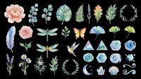 Watercolor nature clipart set with flowers, leaves, dragonflies, butterfly, hummingbird, crystals, and shells, isolated on transparent background, ready for stickers, sublimation, and print on demand.