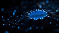 Glowing blue digital network shape with radiating connections and bokeh light effects on dark background, representing technological advancement and connectivity.