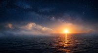 Stunning ocean sunset with starry night sky and Milky Way galaxy reflecting on calm water surface creating magical seascape for meditation and relaxation.