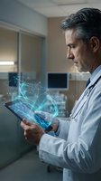 Middle-aged Caucasian male doctor using futuristic holographic brain technology on tablet in modern medical office for neurological diagnosis and treatment.
