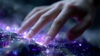 Mystical fingers touching glowing purple sparkles and magical light particles floating in dark space, creating ethereal atmosphere for fantasy and spiritual designs.