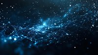 Abstract blue digital network with glowing particles and connected lines flowing across dark background, representing data transfer, technology, and cyber connectivity for digital innovation concepts.