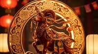 Golden Chinese zodiac horse medallion with intricate traditional ornamental border against warm bokeh lights background for lunar new year celebrations.