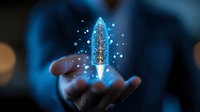 Glowing blue crystal shard levitates above open palm with magical sparkles and light effects against dark background, creating mystical fantasy atmosphere.