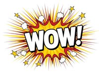 Comic book style WOW explosion burst with radiating lines and stars on white background. Pop art exclamation for advertising and promotional designs.