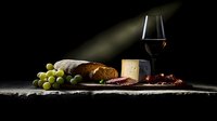 Red wine glass with cheese, grapes, bread and cured meat arranged on rustic stone surface in dramatic chiaroscuro lighting style, creating moody food composition.