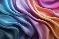 Luxurious multicolored silk fabric with smooth wavy folds creating elegant abstract pattern. Soft textile background in blue, purple, pink and peach tones.