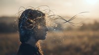 Woman silhouette with flowing hair and glowing particles at sunset representing thoughts, dreams, creativity and mental wellness concepts.