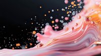 Abstract fluid art with pink, orange, and white swirls against black background, featuring glowing bokeh particles for modern luxury design projects.