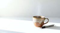 Steaming hot coffee in rustic ceramic mug on white table with spoon, morning beverage concept for cafes and restaurants.