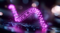 Glowing purple DNA helix structure with particles floating in dark space, reflecting on glossy surface. Scientific genetic concept with bokeh light effects.