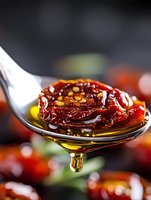Macro shot of sun-dried tomato in olive oil dripping from metal spoon, showing rich texture and vibrant red color against dark background. Food photography.