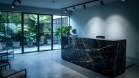 Modern office reception area with black marble desk and large windows overlooking green courtyard. Contemporary interior design for business workspace.