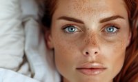 Close up portrait of young woman with natural freckles, red hair and bright blue eyes lying on white bedding, natural beauty and skincare concept.