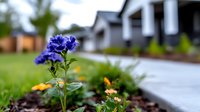 Purple bellflower growing in mulched garden bed along residential walkway with blurred modern house and lawn in background, selective focus on flower.