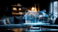 Glowing holographic house model displaying smart home technology and automation features in modern office setting with digital interface elements and connection points.
