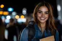 Young Caucasian woman with bright smile wearing denim jacket and backpack holding folder at night, city lights bokeh background creates warm atmosphere.
