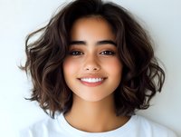 Young woman with short wavy dark hair and bright smile wearing white t-shirt against light background. Natural beauty portrait with soft lighting.