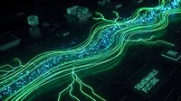 Glowing green neon data streams flow across a dark circuit board, representing digital technology, AI, and futuristic connectivity concepts.