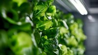 Fresh green arugula leaves growing in modern hydroponic greenhouse system, close-up view with selective focus showing detailed leaf texture and veins.