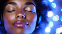 Young African American woman with closed eyes and serene expression in blue neon lighting with bokeh effects, showcasing peaceful relaxation and mindfulness.