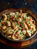 Delicious chicken fettuccine pasta with herbs and vegetables served in rustic wooden bowl, homemade Italian cuisine ready for dinner or restaurant menu.