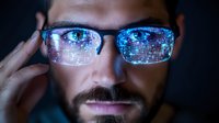 Young Asian male programmer wearing glasses reflecting digital code and technology interface, dramatic lighting highlights cybersecurity and AI development concepts.