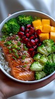 Fresh salmon poke bowl with raw fish, steamed broccoli, mango cubes, pomegranate seeds, and white rice garnished with black sesame seeds and green onions.