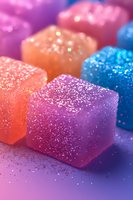 Colorful sugar-coated gummy candy cubes in vibrant pink, orange, and blue hues with sparkly crystalline texture, arranged in macro close-up against soft purple background.