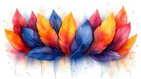 Vibrant watercolor feathers in red, orange and navy blue arranged in decorative composition with soft paint splatter effect on white background.
