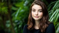 Young Caucasian woman with brown hair and natural makeup smiling at camera, wearing black top against blurred green foliage background, professional headshot style portrait.