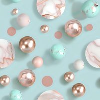 Metallic rose gold and mint spheres with marble texture floating on pastel turquoise background. Abstract modern composition for luxury design and packaging.