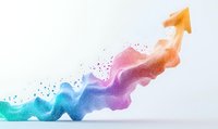 Vibrant watercolor splash with upward arrow shape in gradient colors from turquoise to purple and orange, dynamic motion effect on white background.