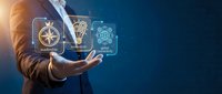 Businessman in suit holding glowing digital icons representing navigation, innovation, and global strategy for business solutions and corporate growth.
