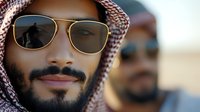 Young Middle Eastern man wearing traditional keffiyeh headwrap and gold-framed aviator sunglasses in desert setting, suitable for cultural representation and lifestyle content.