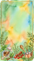 Watercolor cooking background with fresh herbs, vegetables, and kitchen utensils on soft pastel gradient. Ideal for recipe blogs, culinary websites, food packaging, and cooking-related designs.