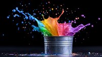 Vibrant rainbow liquid splashes explosively from metallic bucket against black background, creating dynamic motion of colorful paint drops and splatter in freeze motion.