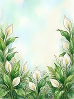 Watercolor botanical frame with white peace lily flowers and green foliage on soft pastel background for wedding invitations and spring designs.